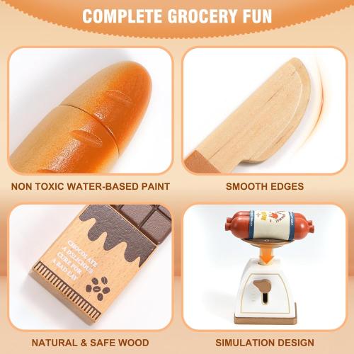 Pithfor Wooden Play Food Set for Kids Toddlers, Grocery Store Pretend Play Food, Pretend Grocery Shopping & Play Kitchen Accessories for Boys Girls