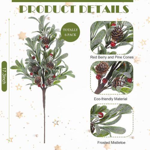 6 Pcs Christmas Artificial Mistletoe Picks 17.3 Inch Fake Mistletoe Decoration Branches with Berries Pinecones Ornaments DIY Crafts for Xmas Tree Wreath Holiday Decor(Red Berry)