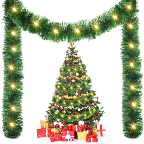 Kingdder 16.4 ft Christmas Tinsel Garland Lighted Metallic Twist Tree Decoration Prelit Battery Operated 50 LED Hanging Garland for Xmas New Year Home Outdoor Decor(Warm White, Green)