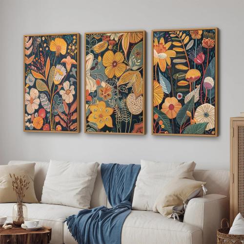 Set of 3 Size 24x36x3 SIGNINART Boho Botanical Framed Canvas Wall Art Set of 3, Mid Century Modern Wall Decor, Burnt Orange Floral Artwork, Neutral Flower Plant Art Prints for Bedroom Living Room Office