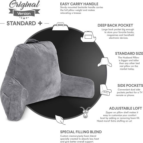 Husband Pillow Dark Grey, Standard  Original Reading Pillow in Bed Rest Chair, Shredded Memory Foam Large Lounge Cushion Adult Backrest w/Arms, Comfy Back Support for Sit Sitting Up, Removable Cover