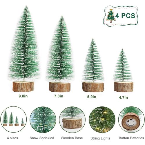 4 PCS Mini Christmas Trees, 4 Sizes Artificial Christmas Trees with 2 Modes LED String Lights Timer, Bottle Brush Trees Battery Powered Tabletop Tree Decoration (Warm White)