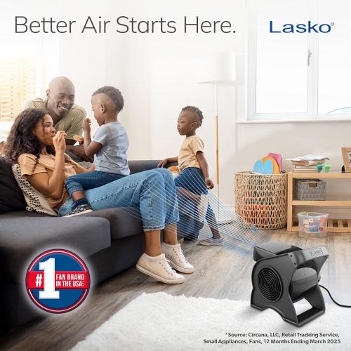 Lasko Portable Utility Fan, 12” 289 CFM Pivoting High Velocity Air Mover Blower Fan, 3 Speeds, 2 Accessory Outlets 120V, Black, U12104 NEEDS CLEANING