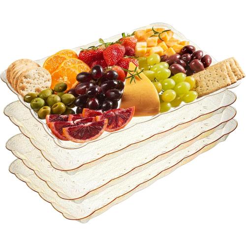 Plasticpro Plastic Serving Trays - Serving Platters Rectangle 9X13 Disposable Gold Glitter Party Dish Includes 4 Trays