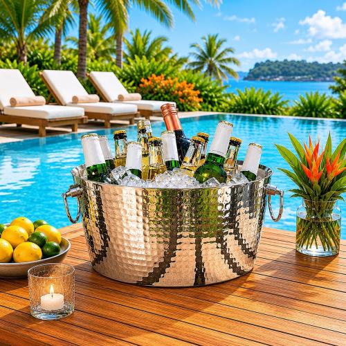 BREKX Insulated Hammered Stainless Steel Beverage Tub & Ice Bucket, 12 Qt | Double-wall insulated tub keeps beer, wine and champagne chilled. Double-hinged handles make carrying easier.