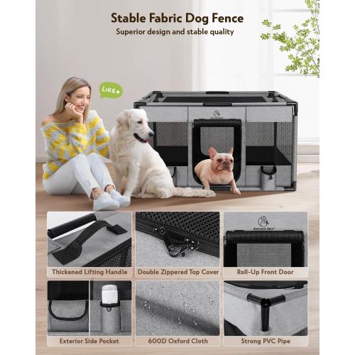 Dog Playpen,Fabric Fence, Portable Soft Cat Kennel Crate,Breathable Exercise Puppy Pen,PVC Pipe Frame,Indoor Outdoor Cage for Small Animals Under 25 Ibs with Carrying Case(Grey M)