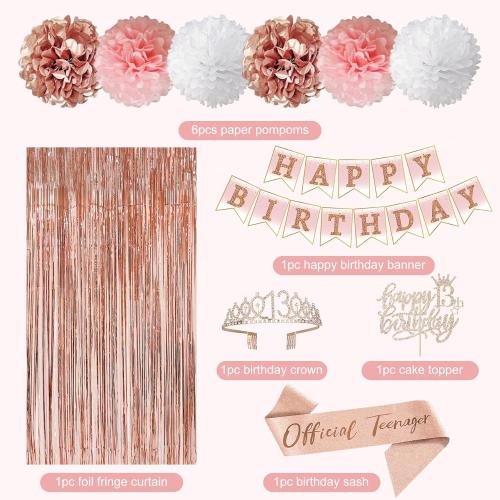 13th Birthday Party Decorations for Girls, Rose Gold Official Teenager Foil Balloons 13th Birthday Banner Fringe Curtain Crown Sash Paper Pompoms Cake Topper for 13 Year Old Girls Party Favor Supplies