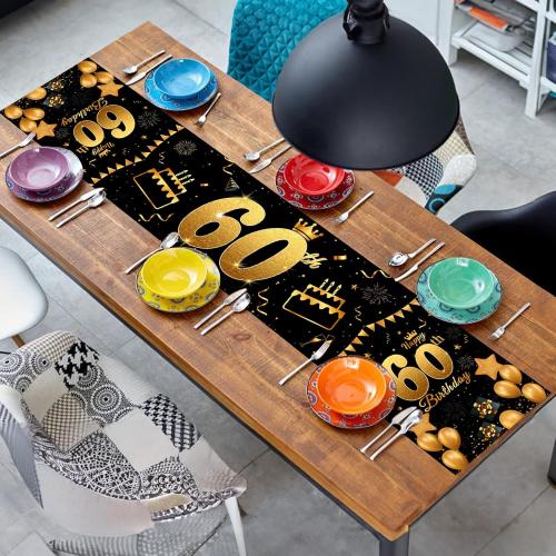 Happy 60th Birthday Table Runner Black Gold 72 Inch Long Celebrate 60th Birthday Table Runner for 60 Years Old Men Women Anniversary Party Decor Non-Slip Dining Table Linen Cloth Decorations