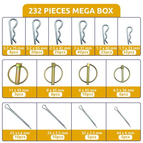 232PCS of Trailer Hitch Pins, Lynch Pins, Trailer Pins, Hair Pins, PTO Pins, R Clip Cotter Pins for Heavy Duty Trailers Accessories Tractor Attachments, Lawn Mowers, Snow Plows, Farm Equipment