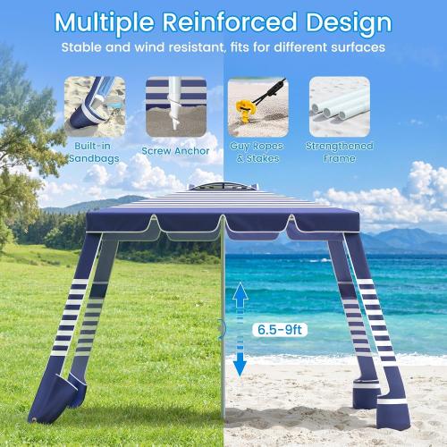 MoKo Beach Cabana,120 Sq. Ft. Large Beach Canopy Tent Sun Shade, UPF 50  Protection Easy Setup Beach Tent, Adjustable Height Wind Resistant Cabana Sun Shelter for Whole Family, Navy Stripes