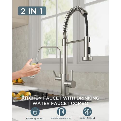 FORIOUS Kitchen Faucet with Purfied Water Filter, 2 Handle, Brushed Nickel | Lead-Free Stainless Steel, 2-in-1 Pull Down Sink Faucet and Drinking Water Faucet, for Laundry Utility Room, Outdoor Camper