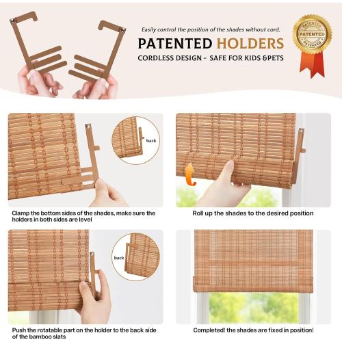 LazBlinds No Tools No Drill Bamboo Roller Shades, Cordless Bamboo Blinds, Light Filtering Roll Up Blinds for Windows, French Door, Porch or Patio Privacy Screen, 12'' W x 40'' H, Brown206