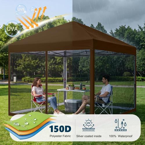 MASTERCANOPY 10x10 Pop Up Canopy Tent with Netting Walls Brown | Silver‑coated Waterproof UV‑blocking with Bug‑proof Mesh and Straight Legs for Parties, Picnics, Camping