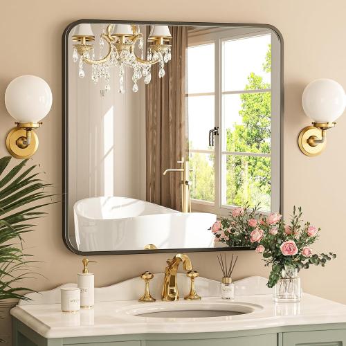24x24 Black Square Mirror, Bathroom Mirrors for Over Sink, Rectangle Bathroom Vanity Mirror for Wall, Large Modern Metal Frame Shatterproof Rectangular Mirror for Restroom Powder Room Toilet