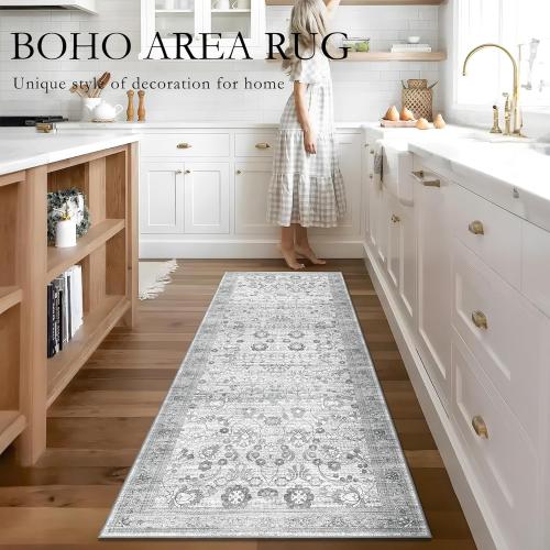 Washable Runner 2x6, Boho Entryway Rug for Hallway, Kitchen, Bedroom, Bathroom - Soft Grey, Non Slip, Long Floral Vintage Distressed Carpet for Living Room