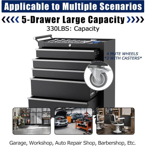 GarveeHome 5-Drawer Tool Chest, Rolling Tool Box with Wheels and Lock System, Portable Storage Rolling Tool Chest for Warehouse, Workshop & Repair Shop, Black