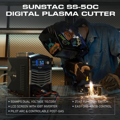 Plasma Cutter, Non-Touch Pilot Arc 50Amps Non-High Frequency Plasma Cutting Machine with Large LCD Display 110/220V Dual Voltage IGBT Inverter 4/5 Inch Max Cut 2T/4T, for Beginners DIY