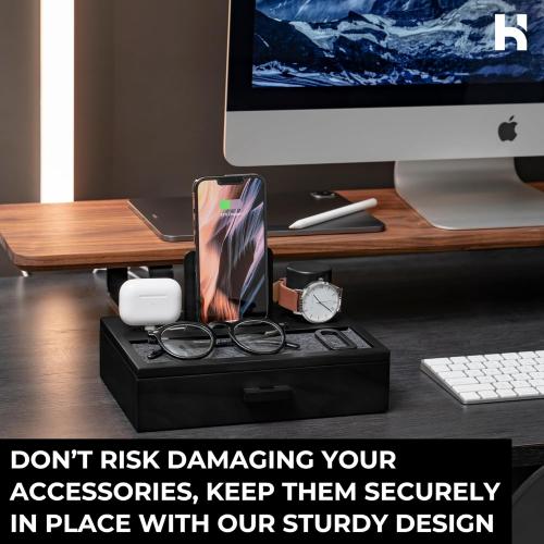 Holme & Hadfield Premium Wooden Phone Docking Station with Drawer – Nightstand Organizer for Charging Phone & Earbuds – Declutter Your Space with Felt-Lined Protection & Watch Pillar – Gift For Men