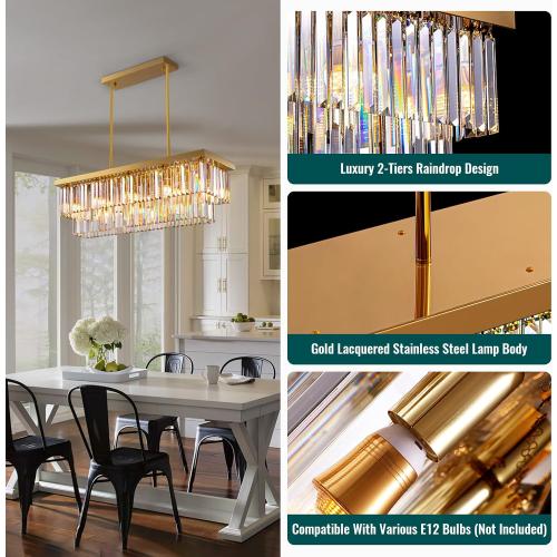 Siljoy 10-Light Rectangle Gold Crystal Chandelier for Dining Room Modern Rectangular 2 Tiers Crystal Raindrop Chandelier Linear Pendant Ceiling Light Fixture for Kitchen Island L40'' x W10'' x H10''