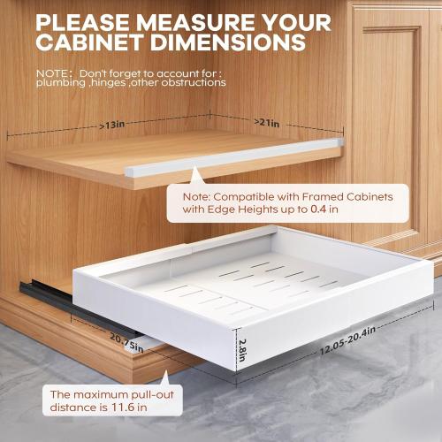2Pack Expandable Pull Out Cabinet Organizer 21Deep With Raising Pad for Framed Cabinets, Upgrade 3 Slide Rails Slide Out Drawers, Roll Out Shelves Adhesive,Adjustable Width 12.05-20.4White