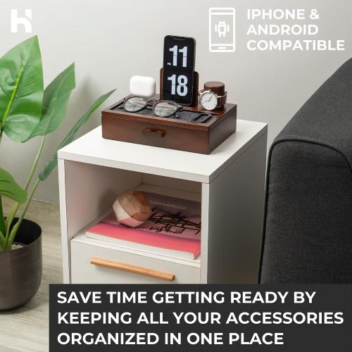 Holme & Hadfield Premium Wooden Phone Docking Station with Drawer – Nightstand Organizer for Charging Phone & Earbuds – Declutter Your Space with Felt-Lined Protection & Watch Pillar - Gift For Men