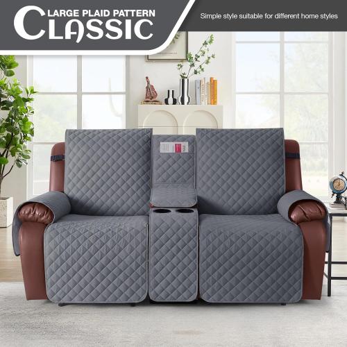 KinCam 100% Waterproof Recliner Loveseat Cover with Console, Non-Slip Reclining Couch Covers for 2 Seat, Recliner Sofa Cover Furniture Protector with Elastic Straps for Kids, Pets, Dark Gray