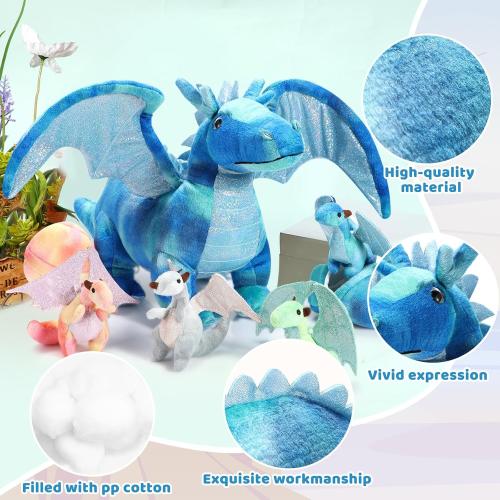 Deekin 7 Pcs Dragon Toy Set 16 Inch Large Dragon Stuffed Animal with 4 Baby Plush and 2 Eggs in Mommy's Belly Dinosaur Plushies Gifts for Boys Girls Birthday(Bright Style)