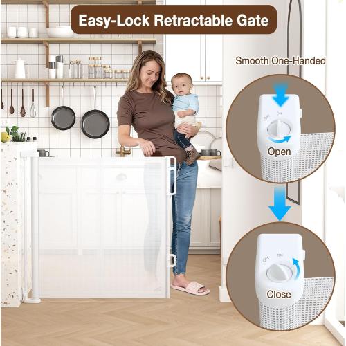 Upgraded 59'' Wide Retractable Baby Gates for Stairs with Reinforced Strip, Mesh Saftey Gate for Pets, Prevent Crawling Dog Gate fot Doorways, No Drilling, Indoor & Outdoor Use, 34'' Tall, White