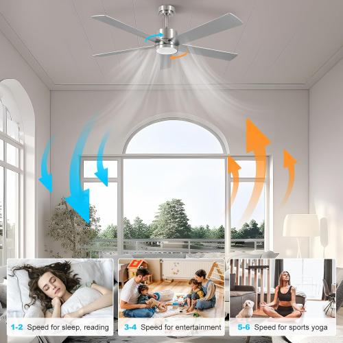 Silver 52 Modern Ceiling Fan with Lights, Remote, 6-Speed DC Motor, Reversible Blades, Matte Finish, Indoor/Outdoor Use