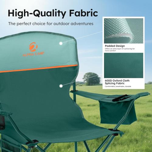 ALPHA CAMP Camping Chairs 350LBS Capacity, Heavy Duty Folding Chair with 4-Can Cooler Bag, Portable Outdoor Chair with Cup Holder for Adults, Collapsible for Tailgating, Beach, Fishing,Black,2PC