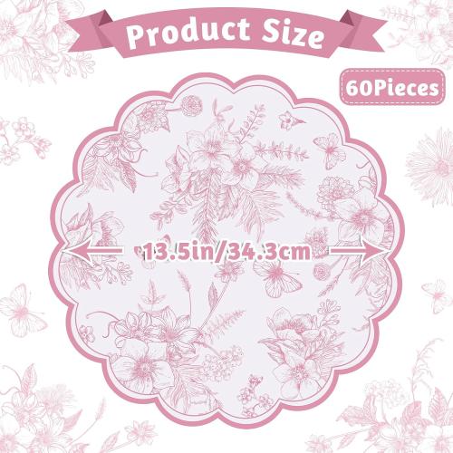 60 Pcs Pink Floral Paper Placemat, 13.5 Inch Disposable Scalloped Table Mat