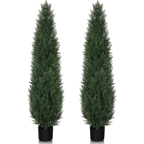 Artificial Cedar Topiary Trees, 5FT UV Resistant Topiary Trees Artificial Outdoors, Realistic Pre-Potted Faux Cypress Plants for Outdoor Porch, Home Entryway, and Garden Decor, Set of 2