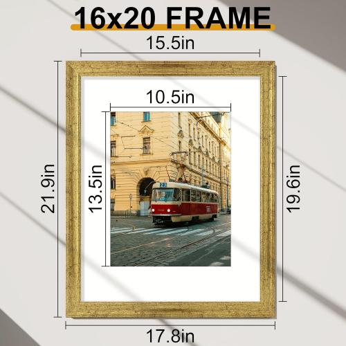 Vittanly 16x20 Poster Frames Set of 2, Vintage Photo Frames, Rustic Gold | Display 11x14 Pictures with Mat or 16x20 without Mat, Rustic Frames with Plexiglass, Farmhouse Home Decor for Wall Mounting
