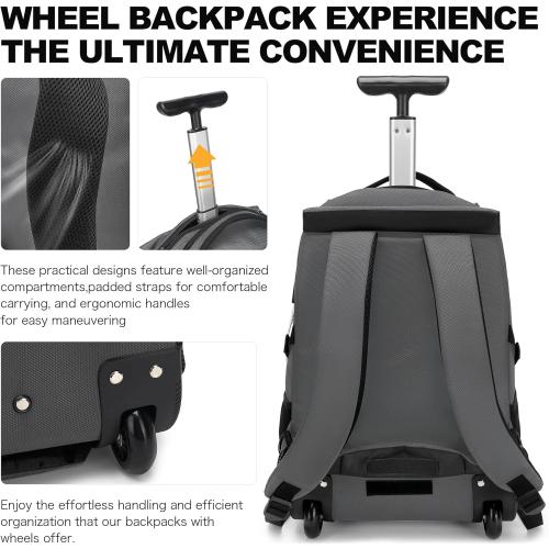 Boavan Rolling Backpack,17 inch Water Resistant Wheeled Backpack,Carry on Luggage Business Bag, Overnight College Computer bag Trolley Suitcase for Men Women Adults to Travel，Grey