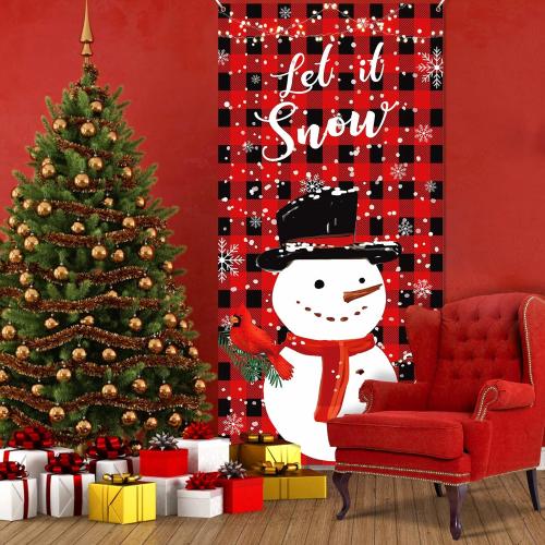 Plaid Christmas Door Cover Snowman Door Banner Decorations Red Black Buffalo Plaid Let It Snow Snowman Cardinal Door Cover Backdrop Sign for Christmas Winter Holiday Indoor Outdoor Party Supplies