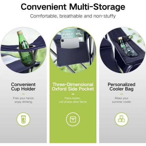 GREEN PARTY Folding Camping Chair Oversized Heavy Duty Lawn Chair with Cooler Bag, Cup Holder, Storage Pocket, Collapsible Padded Outdoor Arm Chair, Quad Lumbar