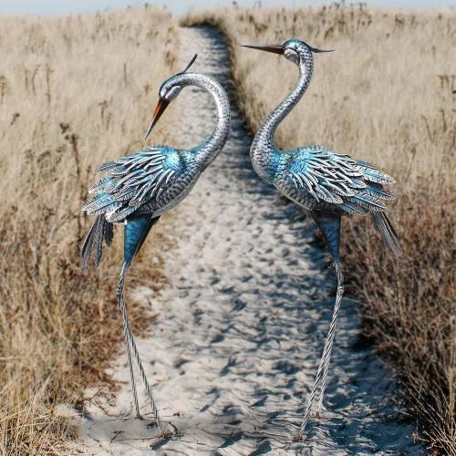 Outdoor Crane Garden Statues, Blue Heron Garden Statues | Large Metal Cranes for Yard, Lawn, Patio, Pond, Set of 2