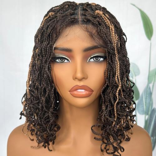 SOKU Braided Wigs for Black Women, 13 Inch Mini Twist Short Braided Wig 4x4 Lace Frontal Box Braid Wig Blonde Highlights Curly Braids Glueless Wigs for Daily Wearing