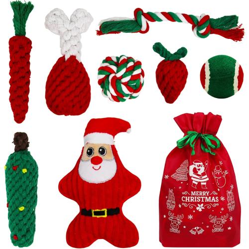 8 Pieces Christmas Dog Chew Toys, Santa Puppy Teething Chew Toys with Adorable Squeaky Toys, Training Ball, Christmas Storage Bag