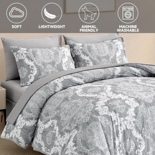Grey Comforter  Damask Texture Gray Bed in a Bag Microfiber Boho Comforter