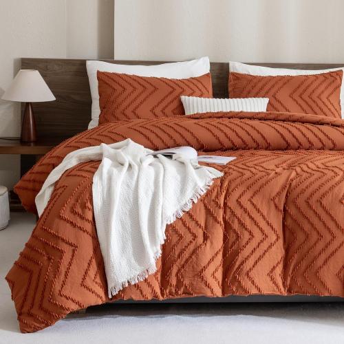 Andency Burnt Orange Super King Size120 x 120  Comforter, Boho Terracotta Soft Warm Bedding Comforter Sets for King Bed, 3 Pieces Rust Chevron Tufted Aesthetic Microfiber Lightweight Comforter Set
