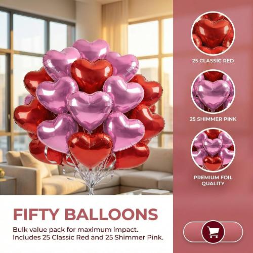18 Inch Red & Pink Heart Balloons, 30 Pcs Heart Shaped Foil Balloons for Valentine‘s Day, Wedding, Birthday - 15 Red, 15 Pink Balloons set- Support Helium - Party Decorations
