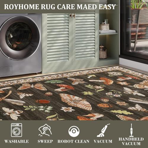 BROWN AND PINK MUTICOLOR Mushroom 10x13 Area Rug for Living Room Washable Non Slip Forest Soft Low-Pile Stain Resistant Thin Large Throw Carpet for Bedroom Dining Room Office Brown