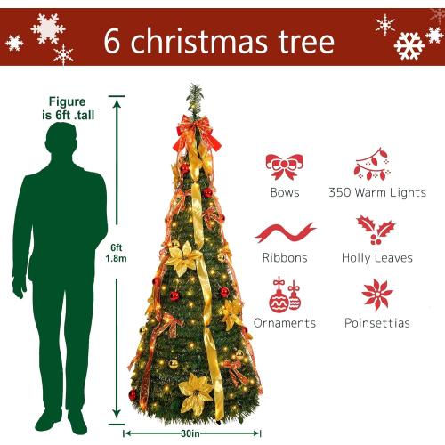 6 ft pre-lit Decorated Christmas Tree, 200 LED Warm Lights, Prelit pop-up Christmas Tree, Fully Decorated 66 Ornaments, Collapsible Pull Up Christmas Tree with Lights for Indoor Home Party Decor