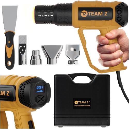 Team Z Premium Heavy Duty Heat Gun Kit with Case – Upgrade LCD Display, Overload Protection & 10 Sec Delayed Turn Off Function - High Temp (140F – 1202F) Hot Air Gun for Vinyl Wrap, Shrink Tubing