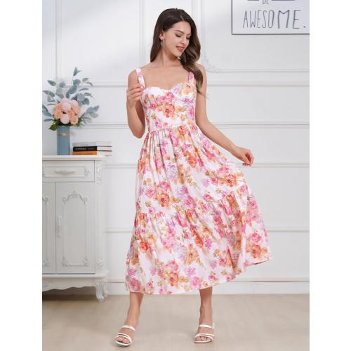 Size Small Color multi Sunfere Women Floral Corset Dress Cottagecore Tiered Dress Sleeveless Bustier Dress Summer Flowy Spaghetti Strap Sundress