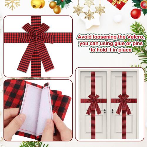 FOIMAS Christmas Cabinet Door Ribbon Bow 14inch Large Buffalo Plaid Door Ribbon Bows for Xmas Front Door Cabinet Home Decoration, Red and Black