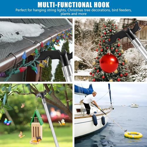 UQM 12 Ft Telescopic Extension Pole with Utility Hook, Telescoping Pole for Hanging Christmas Lights String Lights Birdfeeder, Heavy-Duty Christmas Light Pole Hanger Tool Tree Without Ladder