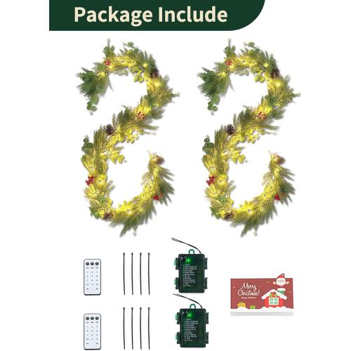 NUPTIO Artificial Christmas Garland with Lights: 2Pcs 6.2Ft Pre-Lit Gold Glitter Garland with Pine Cones Red Berry Eucalyptus - Xmas Decorations for Mantle Fireplace Railing Stairs Table Door