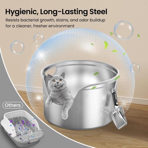 Stainless Steel Litter Box Metal with Integrated Round for XL/XXL Big and Multi Cats, 12 High Wall High Side, Odor Control, Easy to Clean, Durable, Includes Stainless Steel Scoop